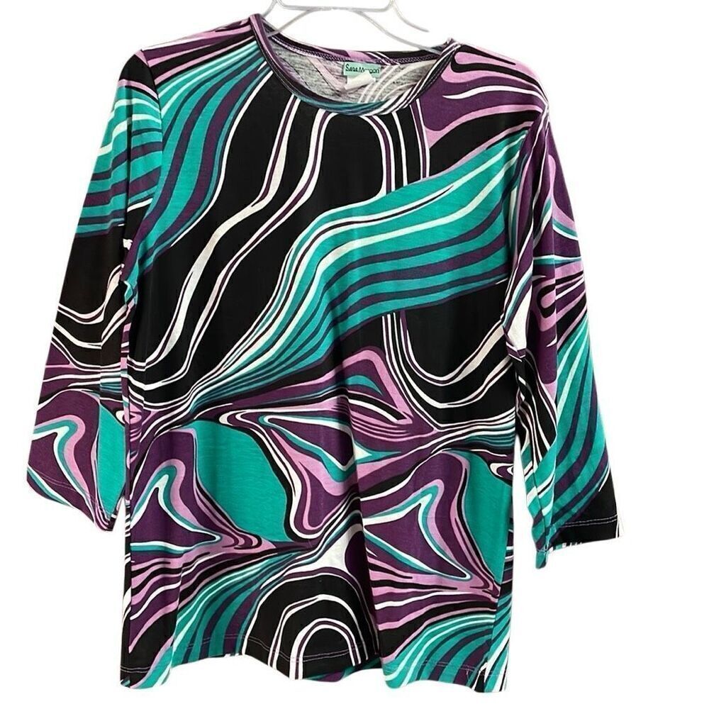 Sara Morgan Women’s Psychedelic Purple Teal Black White Black 3/4 Sleeve Top M